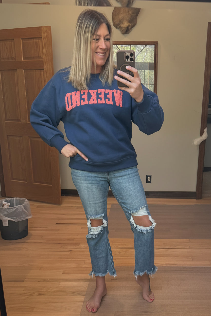 Panache Apparel Co. Dk. Blue and Pink Weekend Sweatshirt - Front View