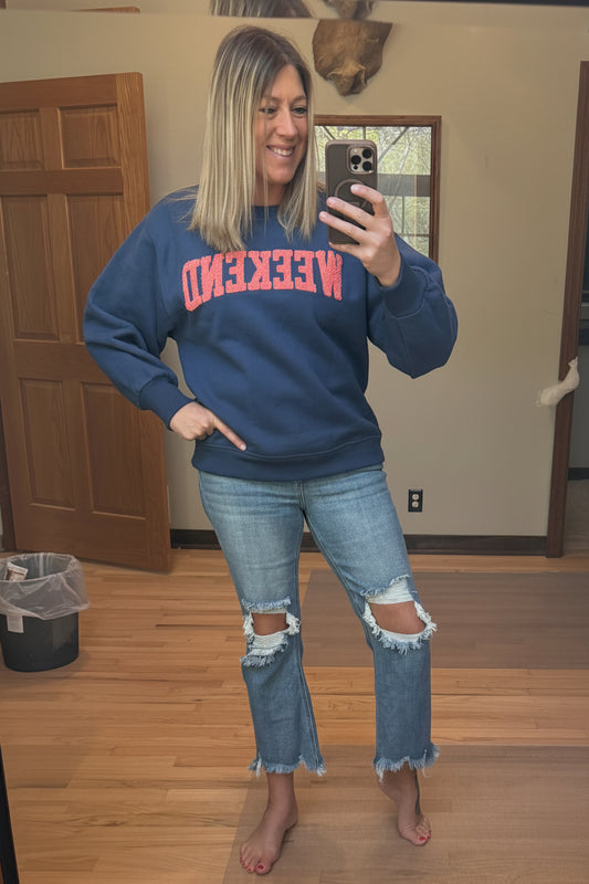 Panache Apparel Co. Dk. Blue and Pink Weekend Sweatshirt - Front View