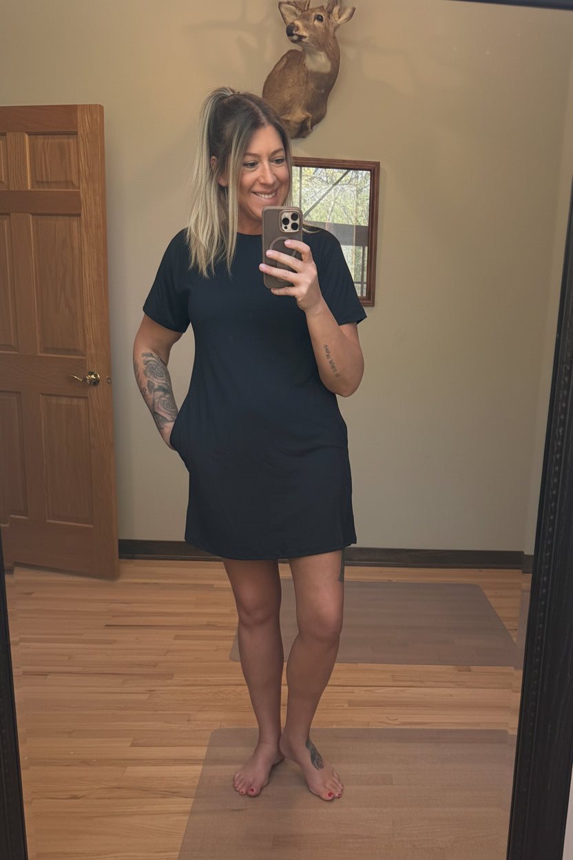 On The Go T-Shirt Dress With Pockets in Black