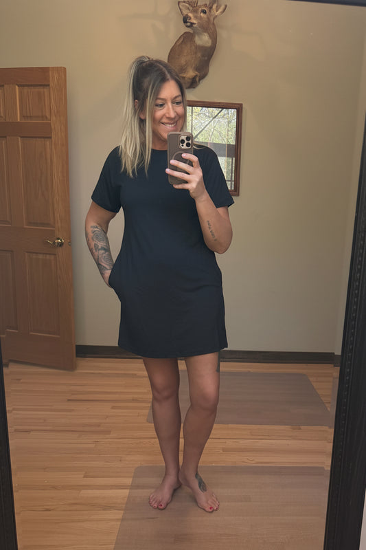 On The Go T-Shirt Dress With Pockets in Black