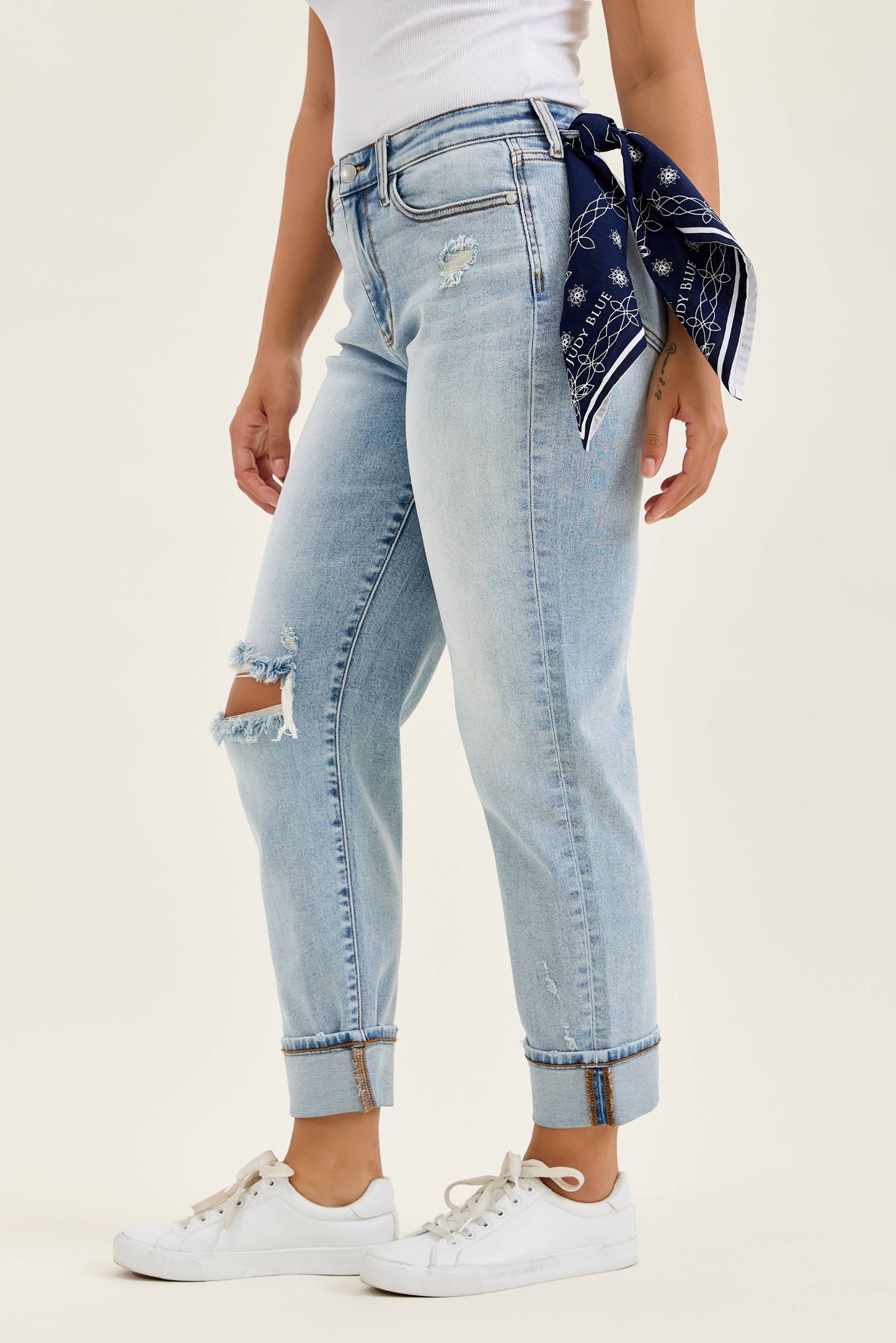 Watermelon Apparel - Judy Blue Mid Rise Light Wash Destroyed with Bandana Loop