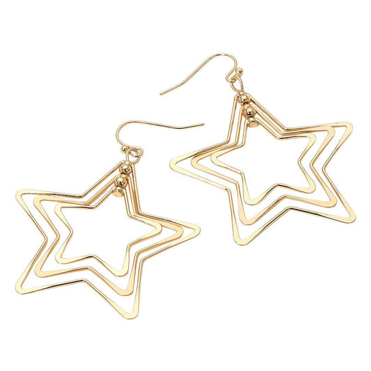 Sensibling Corp. Layered Open Metal Star Dangle Earrings – lead & nickel compliant, fish hook back, Gold and Silver