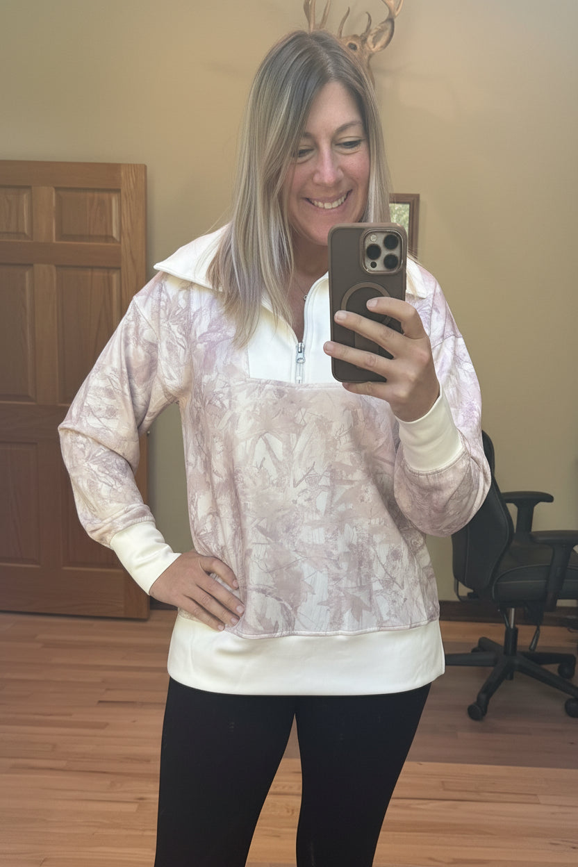 Camo Scuba Quarter-Zip Pullover by Top Notch – neutral camo print with half-zip neckline, modeled by Brooke in a Small
