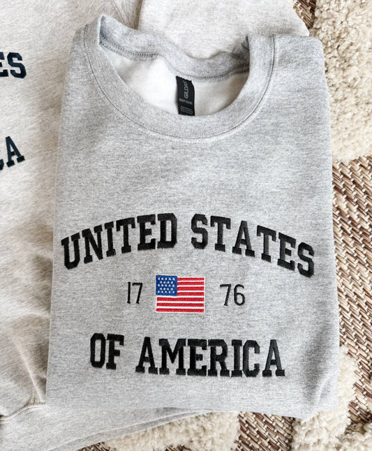 United States of America 250th Anniversary Embroidered Crew Sweatshirt in Ash Gray | 2 Generations Boutique