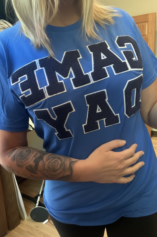 Royal Blue GAMEDAY Chenille T-Shirt – elevated chenille lettering on a soft Gildan tee, modeled by Brooke in a Small