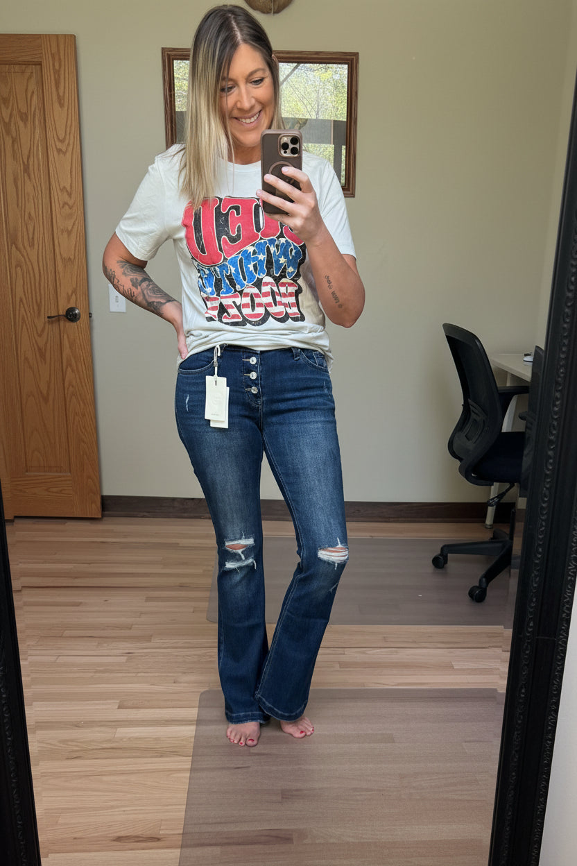 Kan Can USA Mid Rise Button Up Distressed Flare Jeans in Dark Wash | 2 Generations Boutique