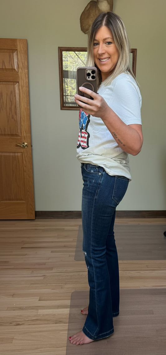 Kan Can USA Mid Rise Button Up Distressed Flare Jeans in Dark Wash | 2 Generations Boutique