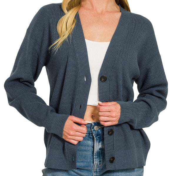 Midnight Navy Drop Shoulder Button Front Viscose Cardigan – 2 Generations Boutique