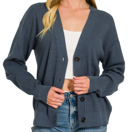 Midnight Navy Drop Shoulder Button Front Viscose Cardigan – 2 Generations Boutique
