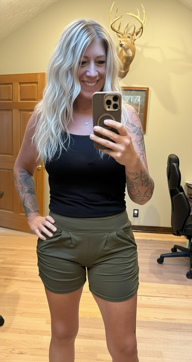 Li Couture Harem Shorts in Dark Olive – Women's Relaxed Casual Shorts
