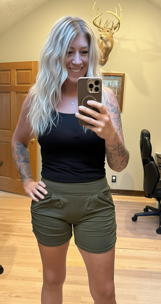 Li Couture Harem Shorts in Dark Olive – Women's Relaxed Casual Shorts
