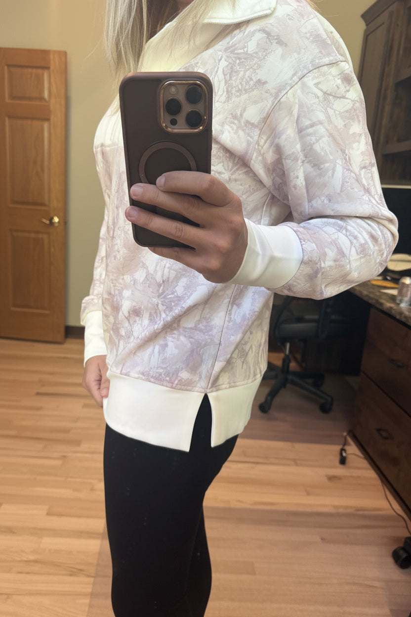 Camo Scuba Quarter-Zip Pullover by Top Notch – neutral camo print with half-zip neckline, modeled by Brooke in a Small
